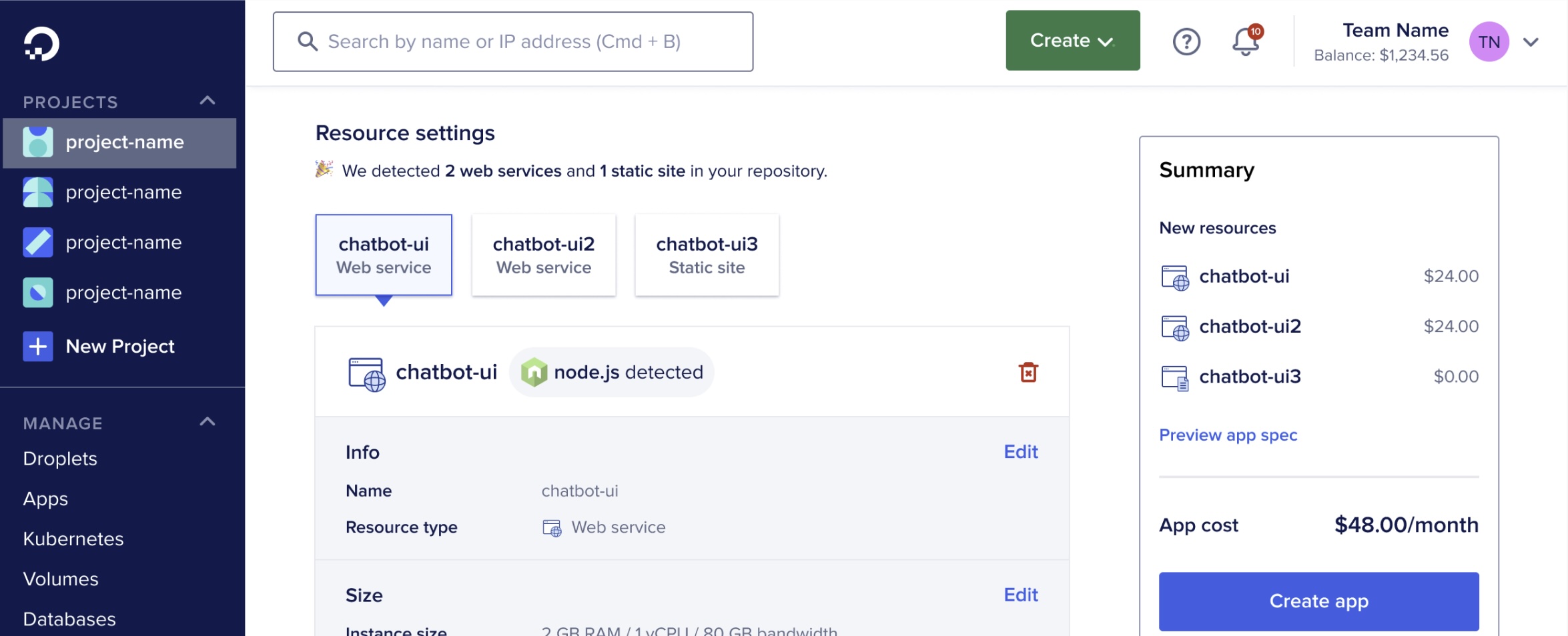 App Platform create flow overview screen.