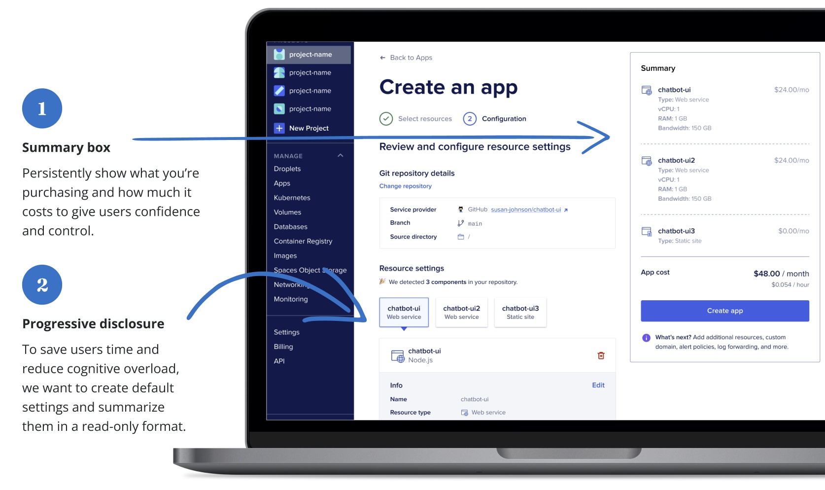Create flow review step with summarized resource configuration.