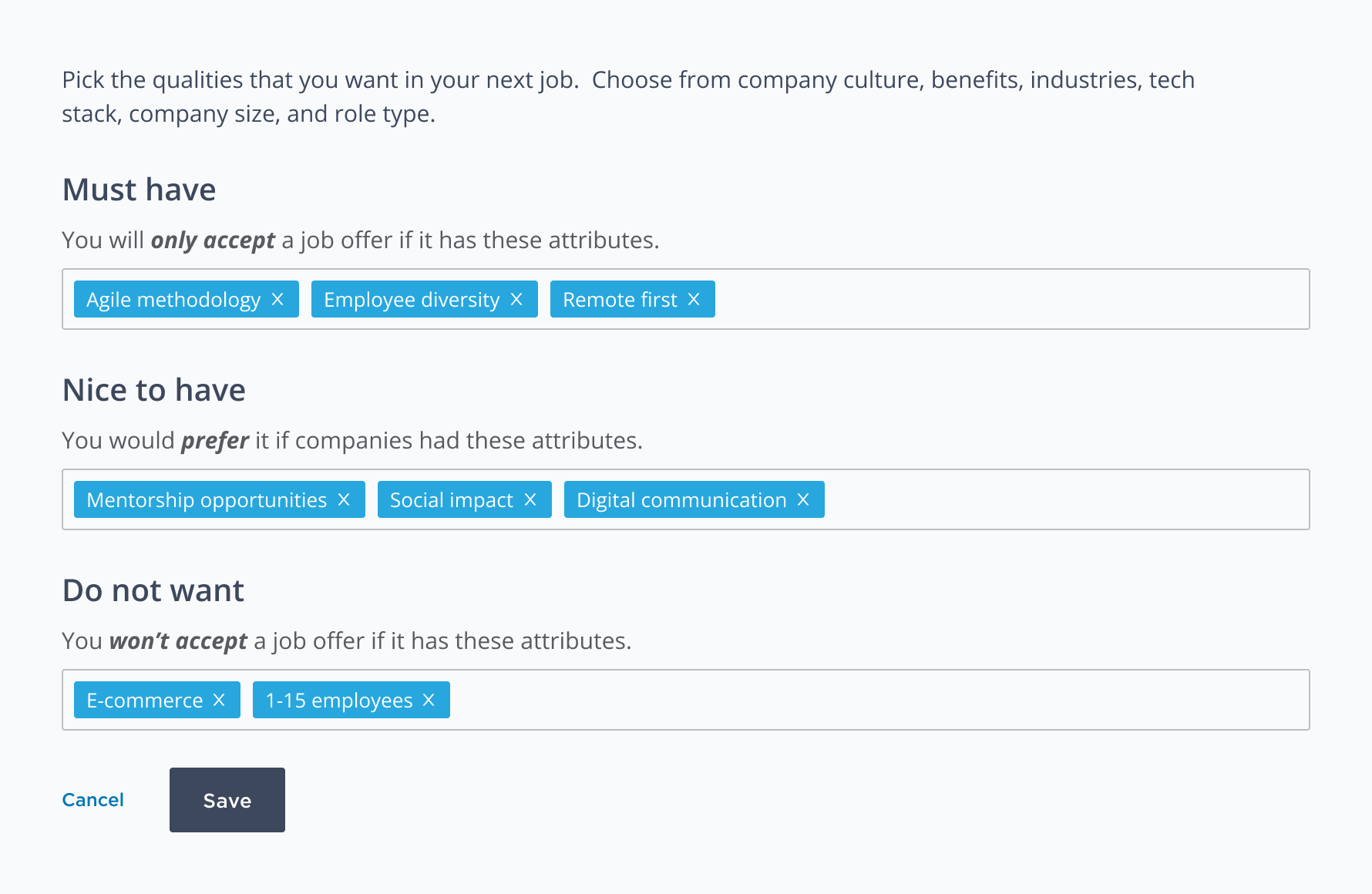 Final candidate-side wishlist with Must have, Nice to have, and Do not want columns.
