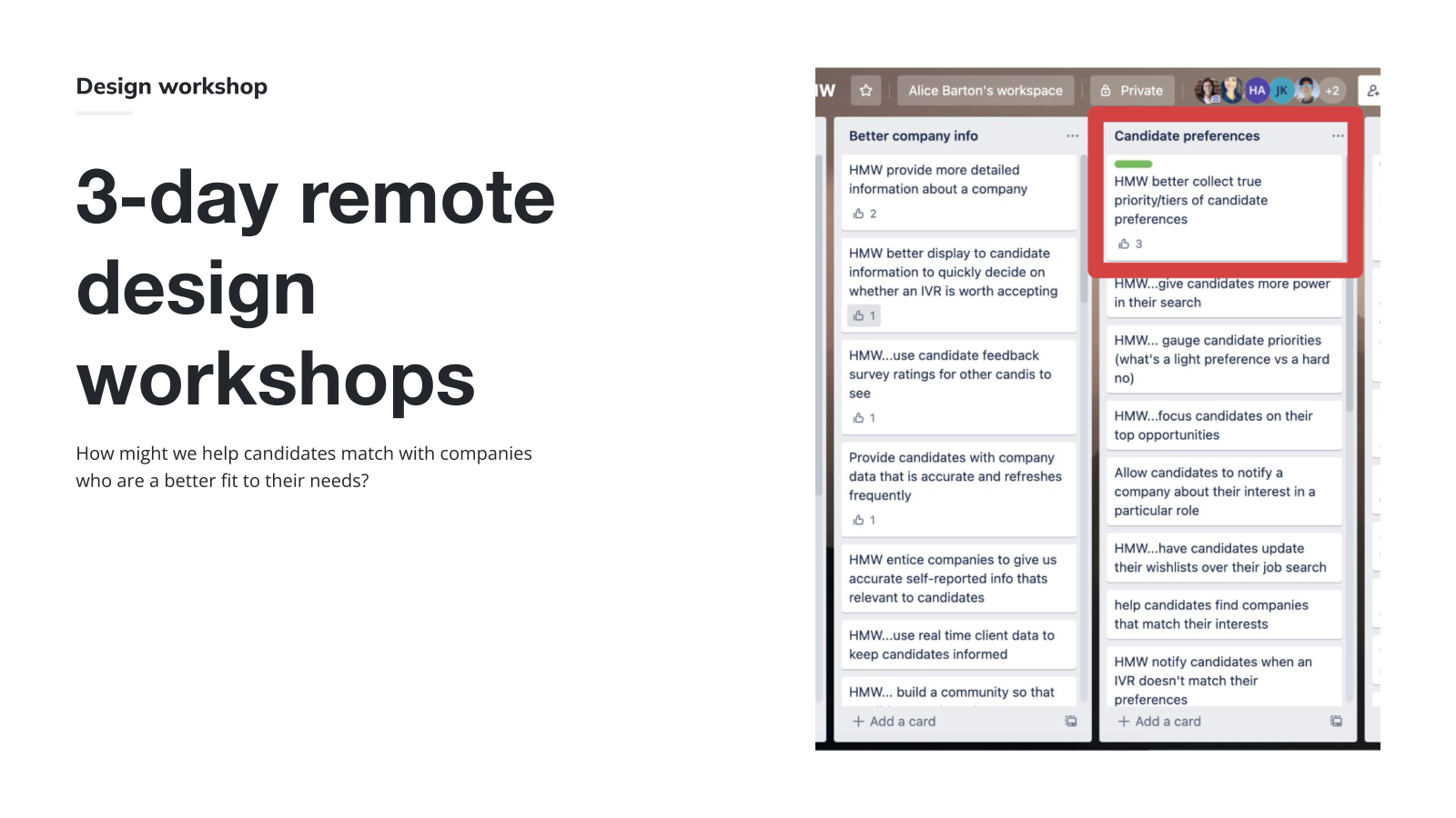 Trello board from the remote design sprint, with How-Might-We cards grouped by theme.