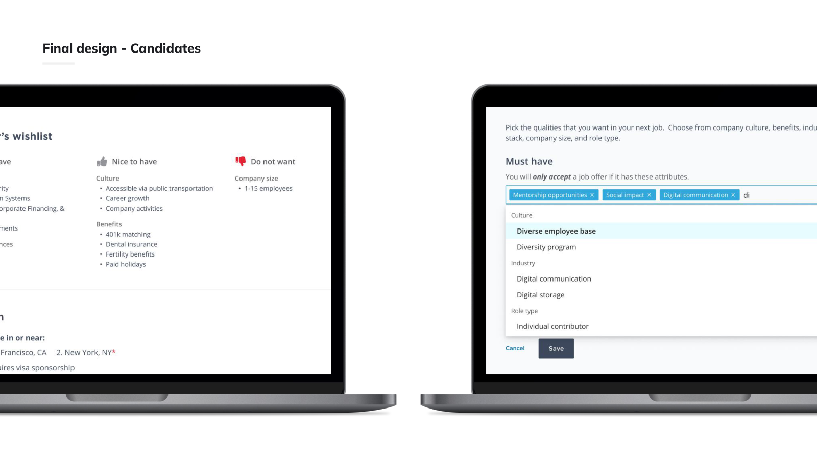 Final candidate-side wishlist with Must have, Nice to have, and Do not want columns, plus the categorized type-ahead editor.