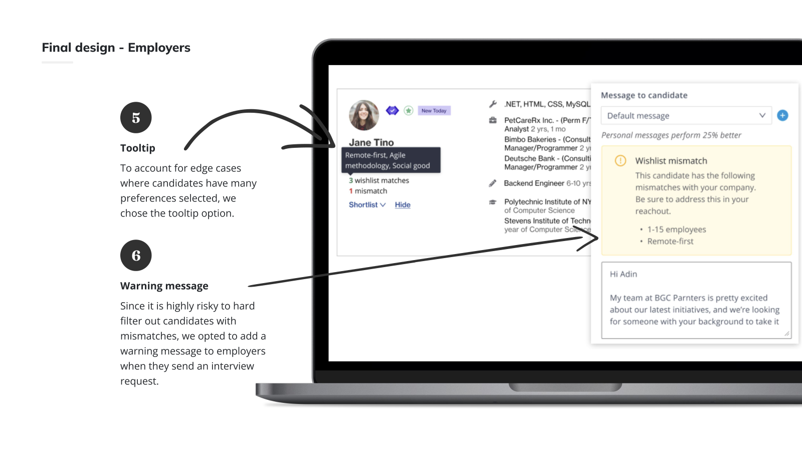 Employer-side final design: tooltip on the candidate card and a wishlist-mismatch warning in the interview composer.