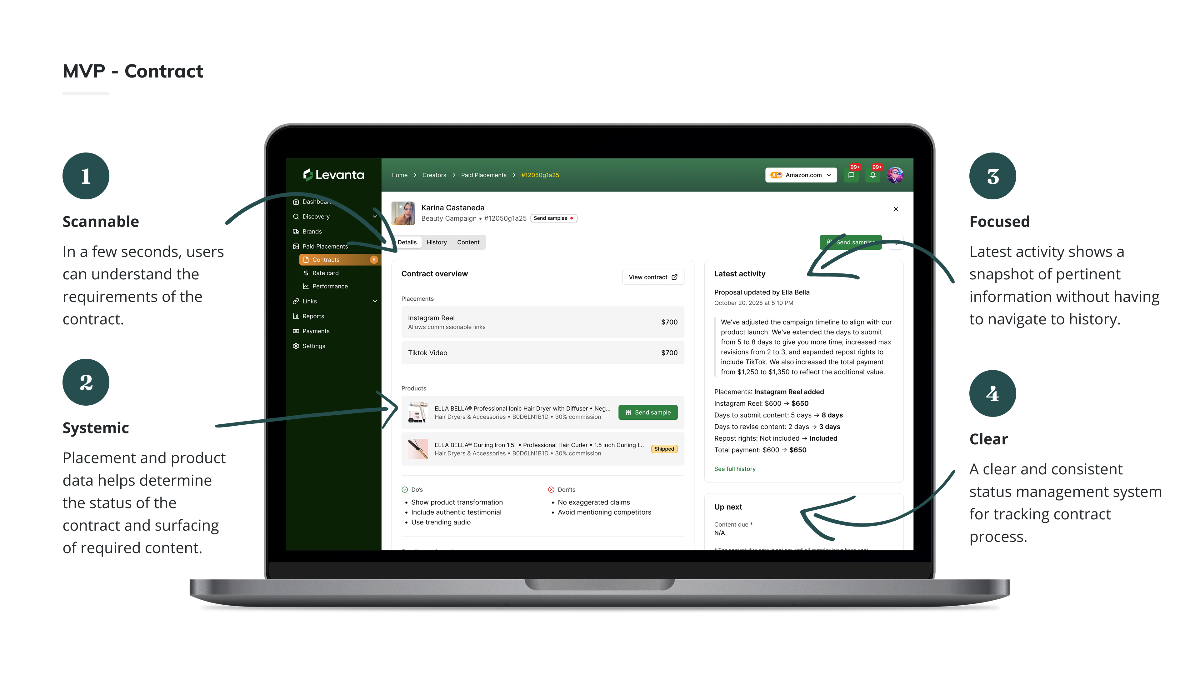 MVP screen showing the contracts view between brand and creator.