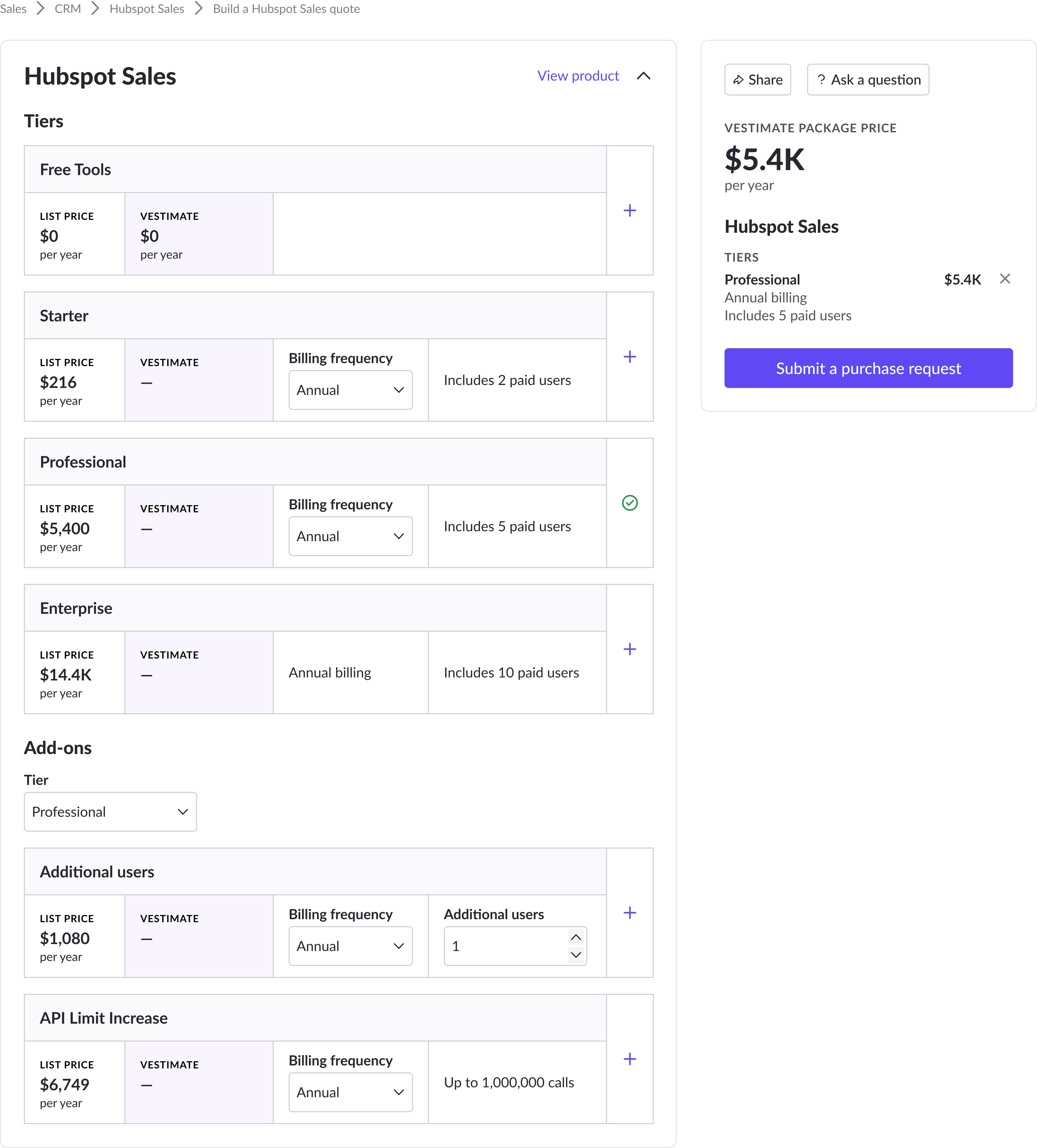 Package builder showing bundled SKU pricing.